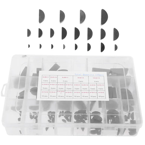 Woodruff Key Set Carbon Steel Key Stock Assortment for mechanical applications in transparent box with size chart.