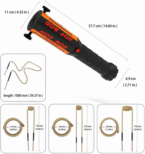 Diagram of Induction Bolt Heater Kit 1200W 110V With Four Coils showing dimensions and coil sizes for rusty bolts removal.