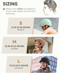 Sizing guide for Urban Street Ready Adult Bike Helmet with Adjustable Dial Fit, showing three head circumference ranges.