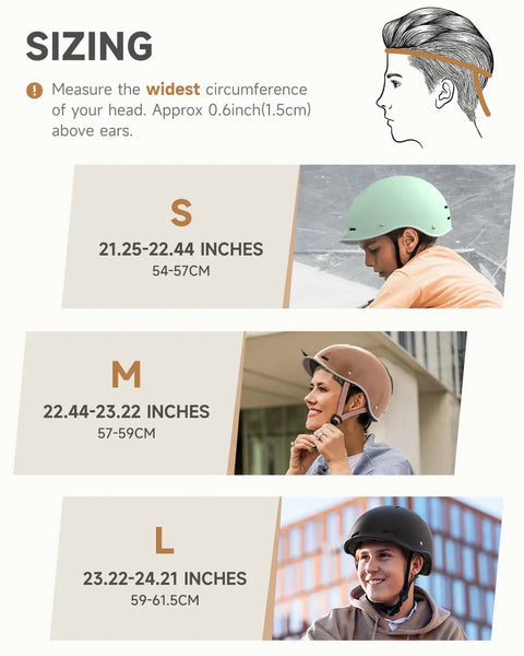 Sizing guide for Urban Street Ready Adult Bike Helmet with Adjustable Dial Fit, showing three head circumference ranges.