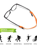 Kids Silicone Glasses Straps Anti Slip Elastic Eyewear Retainers for sports, visible on black glasses with orange band