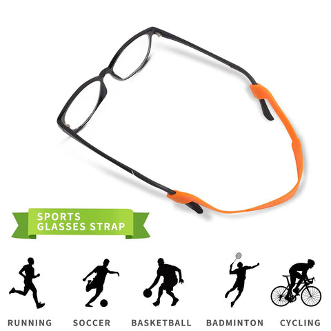 Kids Silicone Glasses Straps Anti Slip Elastic Eyewear Retainers for sports, visible on black glasses with orange band