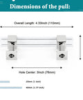 Slick 30 Pack Kitchen Cabinet Pulls With Square Clear Tube, 90mm Center To Center, showing dimensions and polished chrome finish.
