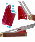 Digital Caliper, Micrometer Bevel Block Gauge Angle Finder Protractor showing adjustable angles, red measuring block with fine gradation.