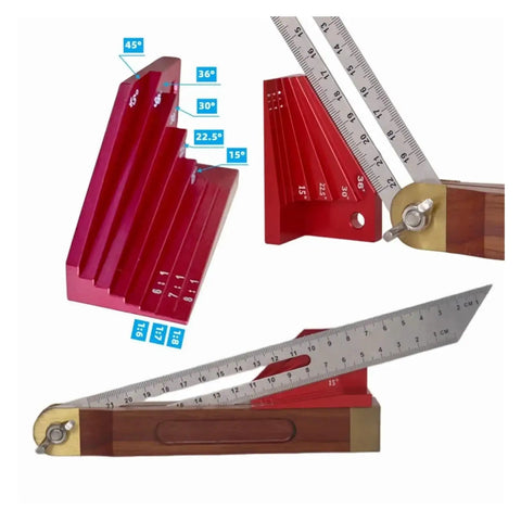 Digital Caliper, Micrometer Bevel Block Gauge Angle Finder Protractor showing adjustable angles, red measuring block with fine gradation.