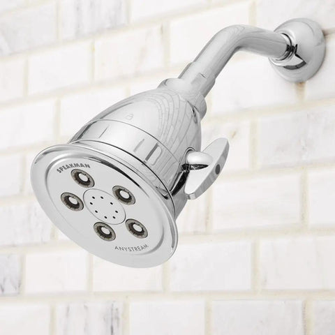 Hotel Luxury Filtered Shower Head With Massage Setting, 2.5 GPM, Polished Chrome Finish, mounted on white tiled wall.
