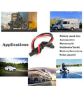5 Pack 12 Gauge 2 Pin Quick Disconnect Polarized SAE Connector Wire Harness displayed with motorcycle, boat, car, solar panel applications.