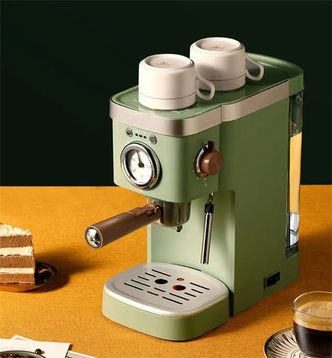 Heavy Duty No Hassle Electric Cappuccino Maker With Smooth Pour Milk Frother And Quick Adjust Brew Settings Removable Drip Tray on kitchen countertop.
