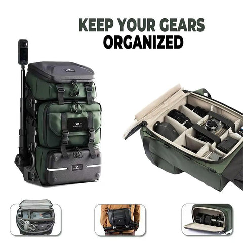 Lancer Camera Backpack With 1.5m Extendable Magic Arm For Hands Free POV Vlog And Run And Gun Filming Large Capacity Modular Photography Backpack With Exoskeleton Design Black, shown organized with lenses.
