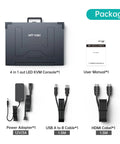 Heavy Duty Portable Kvm Console And Slick Crash Cart Featuring 15.6 Inch 4K Lcd Screen And Built In Battery For Zero Hassle Server Fixes And Straight Up Datacenter Work package contents including power adapter, cables, and user manual.