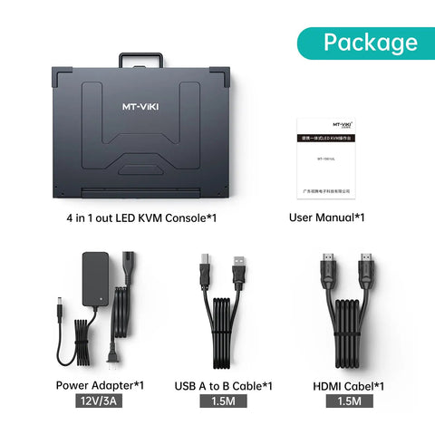 Heavy Duty Portable Kvm Console And Slick Crash Cart Featuring 15.6 Inch 4K Lcd Screen And Built In Battery For Zero Hassle Server Fixes And Straight Up Datacenter Work package contents including power adapter, cables, and user manual.