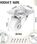 Low Profile Furniture Casters Set Of 24 Small Swivel Wheels Silent 360 Degree Top Plate 22 Lb Capacity Per Wheel Includes 96 Screws White Polypropylene Wheels For Furniture And Appliances shown with dimensions and screws.