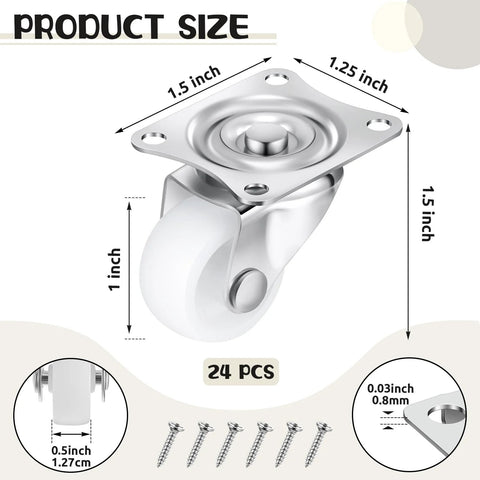 Low Profile Furniture Casters Set Of 24 Small Swivel Wheels Silent 360 Degree Top Plate 22 Lb Capacity Per Wheel Includes 96 Screws White Polypropylene Wheels For Furniture And Appliances shown with dimensions and screws.