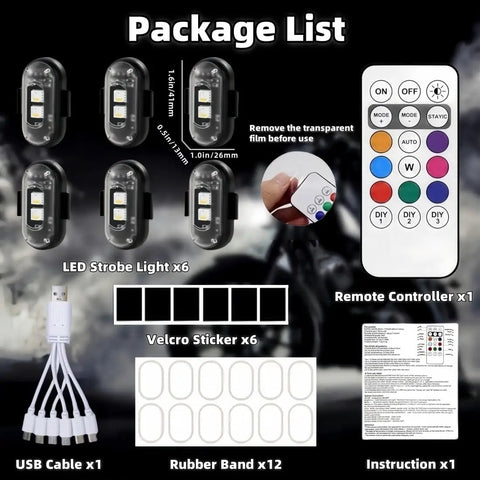 Package list of Six Pack Wireless LED Strobe Lights With Remote Control, 8 Colors USB Charge, includes lights and accessories.