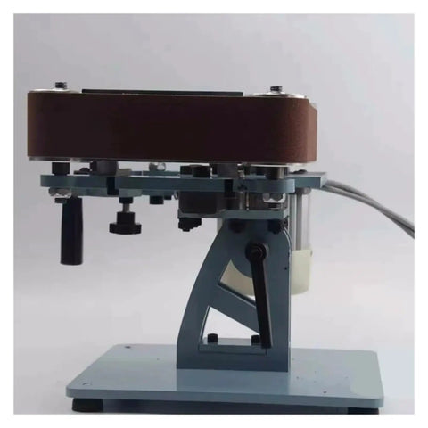Heavy Duty 750W Electric Belt Grinder Sharpener And Polisher With 915 X 50mm Sandpaper Belt side angle view on a sturdy steel frame.