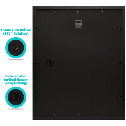 Back of 16x20 Picture Frame With Mat For 11x14 Photo Black 2 Pack HD Glass Wide Molding, showing hardware and turn button.