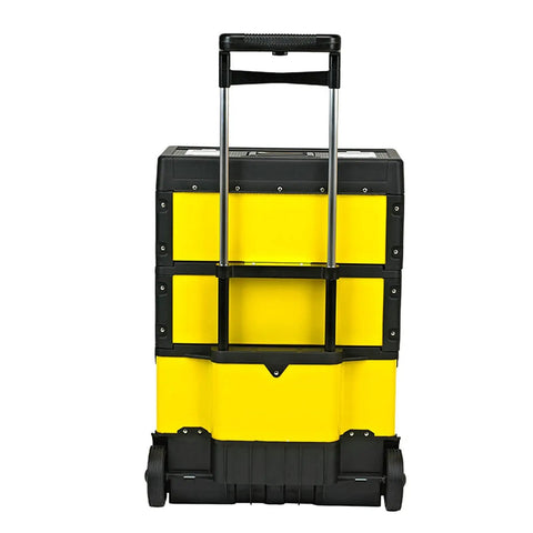 Three Layer Portable Tool Box On Wheels Detachable Tool Chest With Trolley All In One Storage Organizer, rear view.