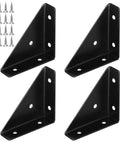 Set Of Four Heavy Duty Corner Brace Brackets With Screws For Reinforcing Furniture Cabinets Bookshelves And Tables Right Angle Shelf Supports, black steel.