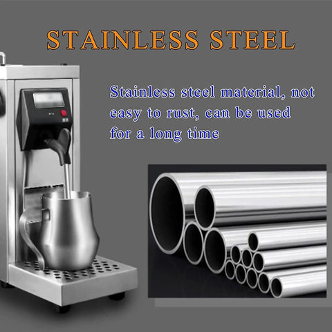 Hassle Free Automatic Espresso Maker With Quick Milk Frother And Programmable Timer Keeps Coffee Warm Solid Silver Design, showing stainless steel body and frothing pitcher.