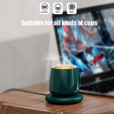 Smart Coffee Mug Warmer And Versatile Candle Warmer Pad For Desk keeps your daily brews hot with a green finish and steam rising.
