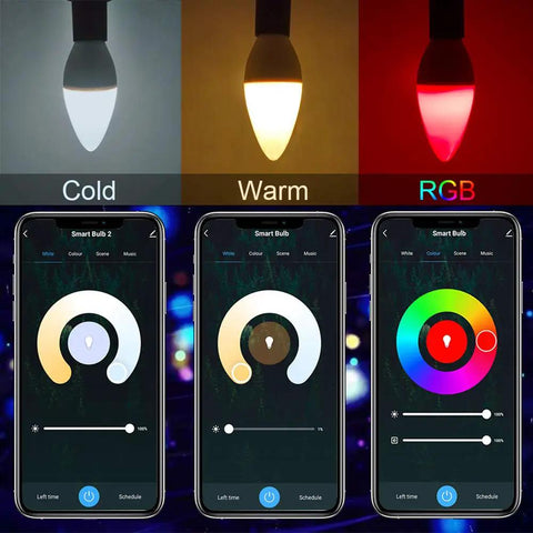 Color Changing E12 Smart LED Bulbs With WiFi And Bluetooth, app control screen showing tunable white and RGB settings