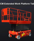 Heavy Duty Self Propelled Scissor Lift With 26 Foot Electric Aerial Work Platform And 450 Kilogram Load Capacity shown from the front with a 90CM extended work platform.