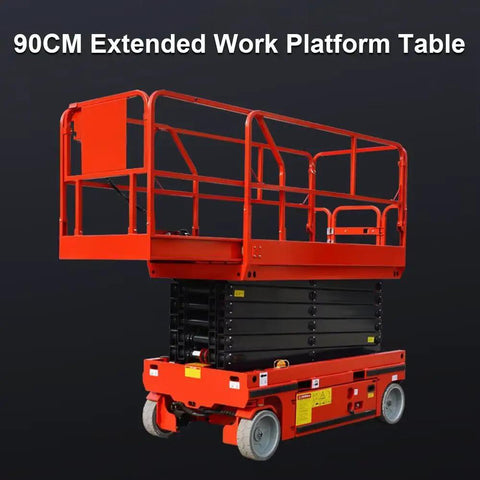 Heavy Duty Self Propelled Scissor Lift With 26 Foot Electric Aerial Work Platform And 450 Kilogram Load Capacity shown from the front with a 90CM extended work platform.