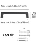 Diagram showing dimensions of Ten Pack 5 Inch Matte Black Cabinet Pulls For Kitchen Cabinets, total length 142mm, screw distance 128mm.