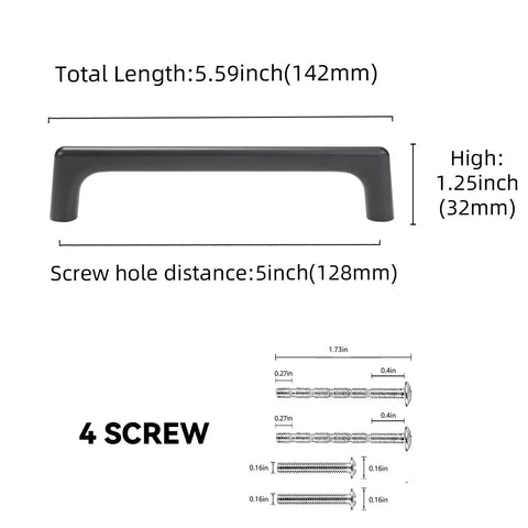 Diagram showing dimensions of Ten Pack 5 Inch Matte Black Cabinet Pulls For Kitchen Cabinets, total length 142mm, screw distance 128mm.
