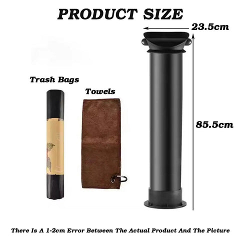 Top Shelf Heavy Duty Espresso Grind Collection Bin Eight Point Six Liter Floor Standing Barista Dregs Bucket dimensions 23.5cm x 85.5cm with included trash bags and towels.
