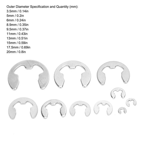 Durable Stainless Steel E Clip Assortment Kit 120 Pcs External Retaining Rings Set with size specifications displayed