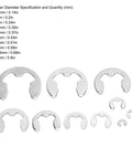 E Clip Washer Kit 120 Piece Stainless Steel M1.5 To M10 External Retaining Rings displayed by size with specifications.