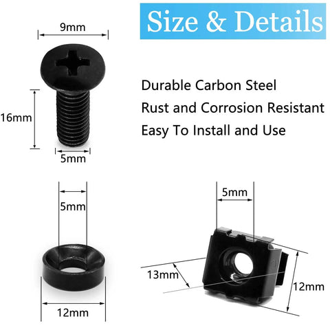 M5x16mm Rack Screws And Cage Nuts With Fender Washers Black Metric Server Mounting Hardware Kit showing dimensions and details.