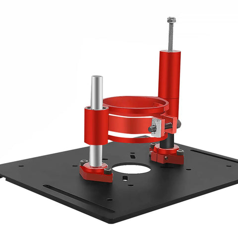 Dead Nuts Secure Router Table Lift System For 2.51 To 2.56 Inch Motors with precision machined aluminum platform and red components.