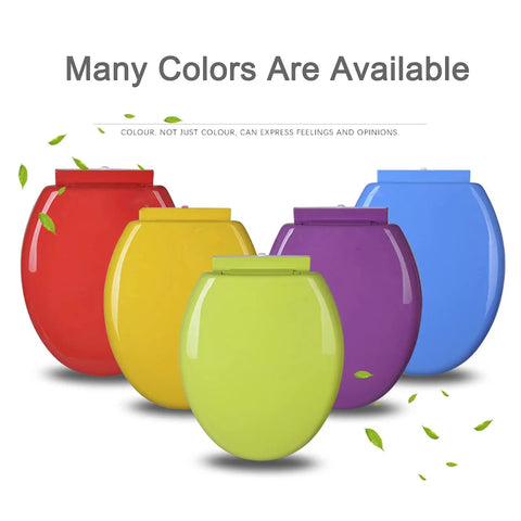 Slick Blue Elongated Toilet Seat Featuring Smooth Soft Close Lid And Quick Release Hinges Crafted From Tough Polypropylene That Snaps Right Onto Standard Bowls Resists Daily Wear And Stays Looking Sharp All Year Long in blue, purple, yellow, red, and green colors.