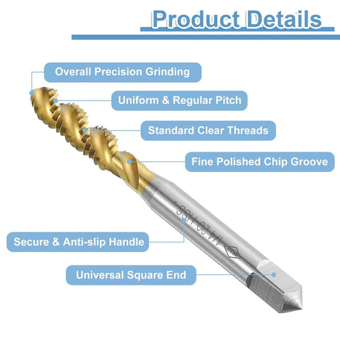 4 Pc Titanium Coated Spiral Flute Thread Taps For 1/4-20 UNC H2 Screws High Speed Steel showing precision grinding and chip groove.