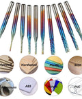 Eyech 10-piece nano blue-coated end mills set, 1/8 in shank, front view for PCB, plastic, wood