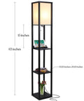 Maxwell Shelf Floor Lamp With USB Ports, Wireless Charging Pad, And Built In Outlet, black lamp with storage shelves.