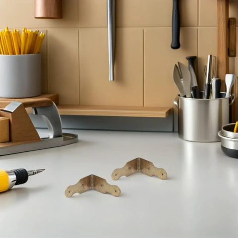 Close-up of two Six Pack L Shaped Brass Corner Protectors For Jewelry Boxes And Gift Boxes on a kitchen counter