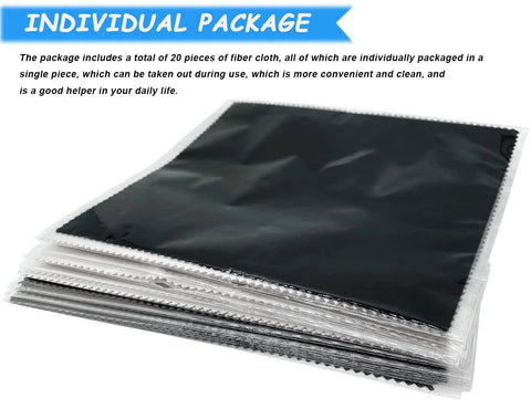 Microfiber cleaning cloths, 6x7 in, black, 20-pack, individually wrapped in clear plastic pouches