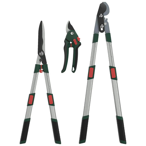 Heavy Duty Three Piece Garden Tool Set With Telescopic Aluminum Handles Including Bypass Lopper Pruning Shears And Hedge Shears