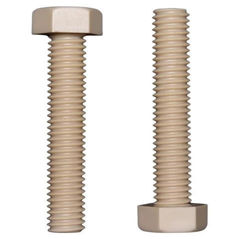 Pro Grade PEEK Hex Head Screws M14X110, two heavy duty plastic fasteners with hex heads, for electronics and shop builds.