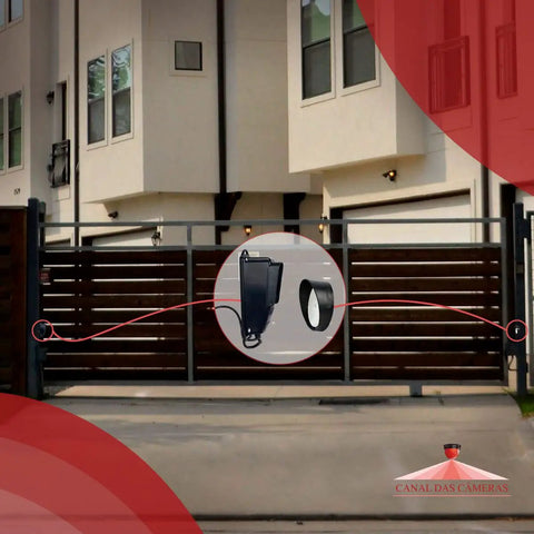 Retroreflective Safety Sensor For Automatic Gates And Garage Doors installed on wooden swing gate, front view with universal photoeye.