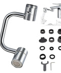 Flexible Swivel Faucet Aerator Extension Featuring Dual Flow Modes And Four Joint Bend Design for kitchen sink with attachment components.