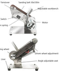 Heavy Duty Electric Belt Sander with 0-90 Degree Adjustable Work Table showing motor, tensioner, and adjustable workbench for DIY projects.