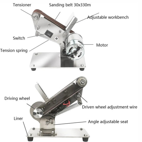 Heavy Duty Electric Belt Sander with 0-90 Degree Adjustable Work Table showing motor, tensioner, and adjustable workbench for DIY projects.