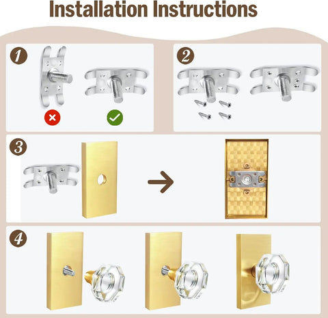 Installation Instructions for Octagon Glass Crystal Dummy Door Knob Satin Brass Non Turning Gold For Closet And Hall 4 Pack
