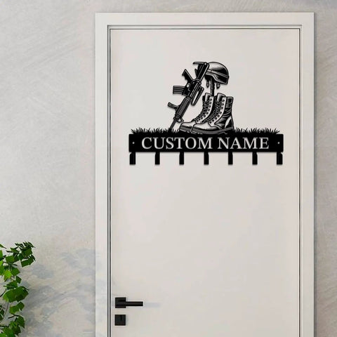 Personalized Gun Theme Wall Hooks For Keys And Clothes, Heavy Duty Matte Black Cast Iron sign on door