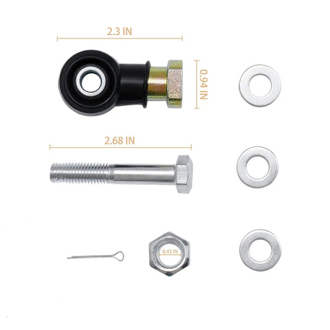 Sportsman Tie Rod End Kit For ATV UTV Steering Upgrade Direct Fit Premium Steel Replacement Beefed Up Front End Includes Two Tie Rods Four Ends Cotter Pins And Jam Nuts Easy Installation. close-up of steel tie rod end with bolt, washer and cotter pin
