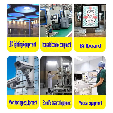 Collage of LED lighting, industrial control, billboard, CCTV monitoring, scientific research, and medical equipment applications.